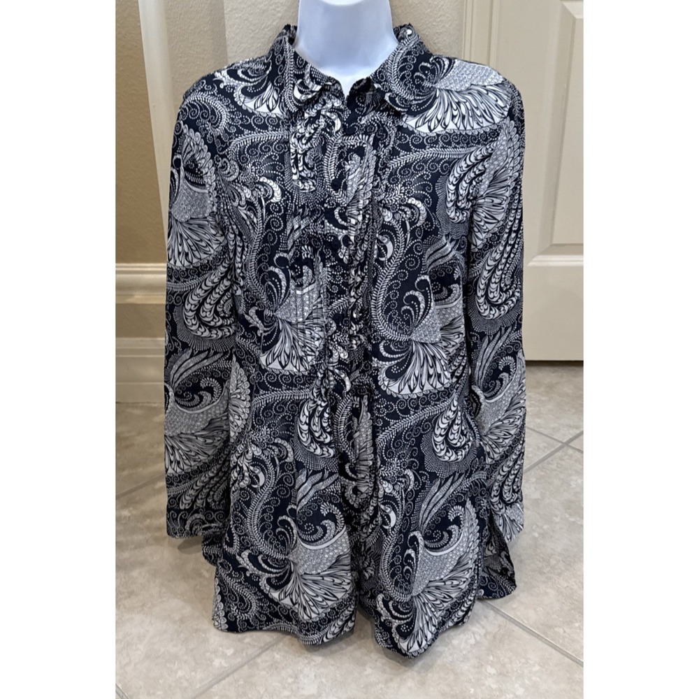 Talbots Floral Ruffle Button Up‎ Shirt Blue Cottage Prairie Long Sleeve Size M